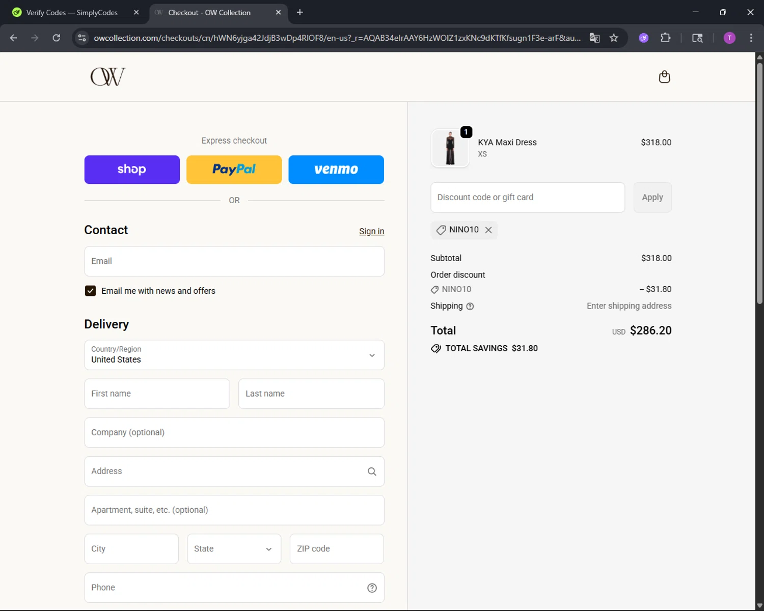 OW Collection promo code screenshot showing code NINO10 applied at OW Collection checkout page. Uploaded by SimplyCodes community member CleverFinder9623 on Dec 29, 2025