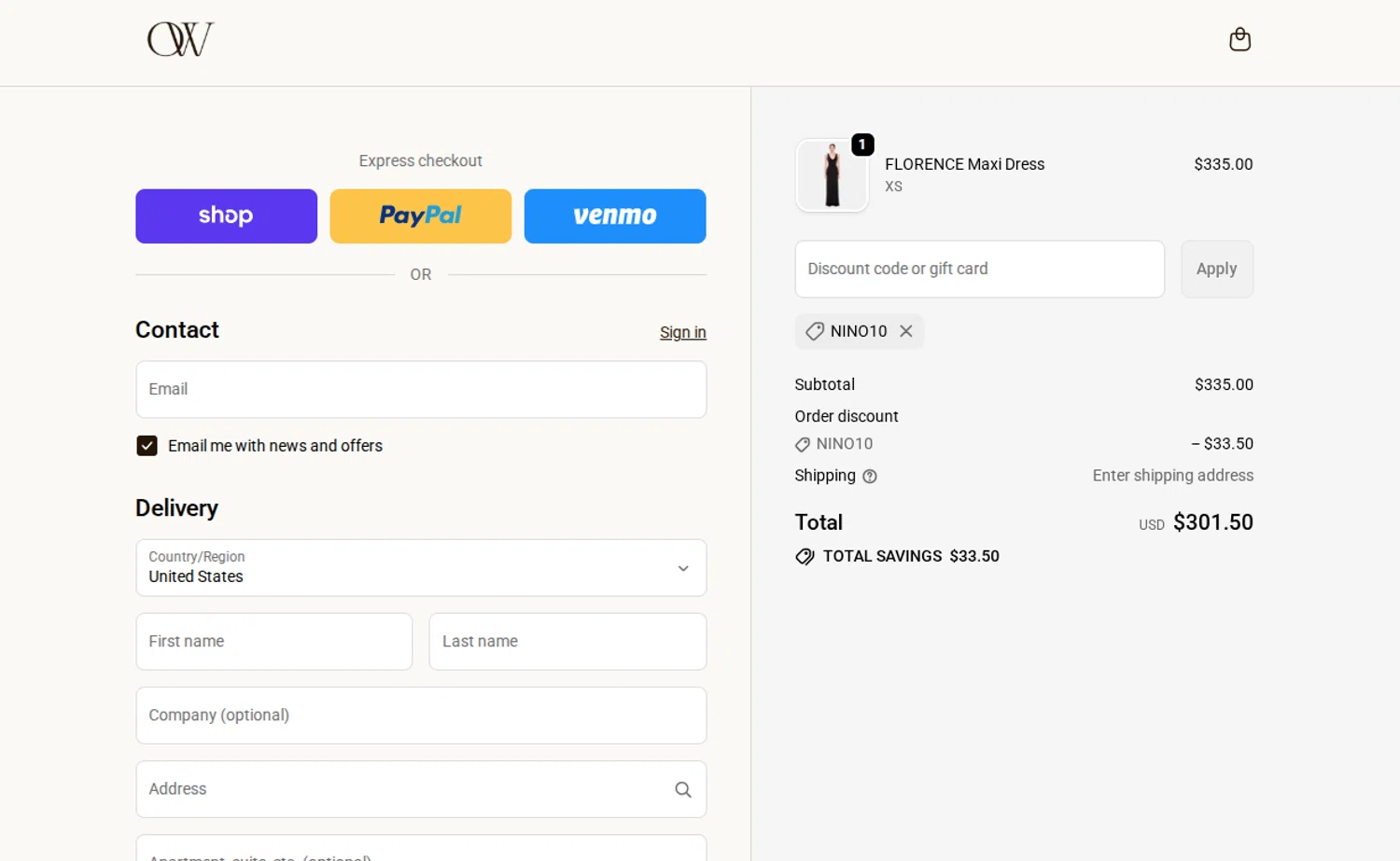 OW Collection promo code screenshot showing code NINO10 applied at OW Collection checkout page. Uploaded by SimplyCodes community member Dallas on Dec 29, 2025