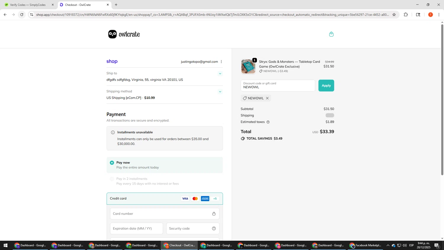 Owl Crate discount code screenshot showing code NEWOWL applied at Owl Crate checkout page. Uploaded by SimplyCodes community member HHHHHHH on Dec 21, 2025