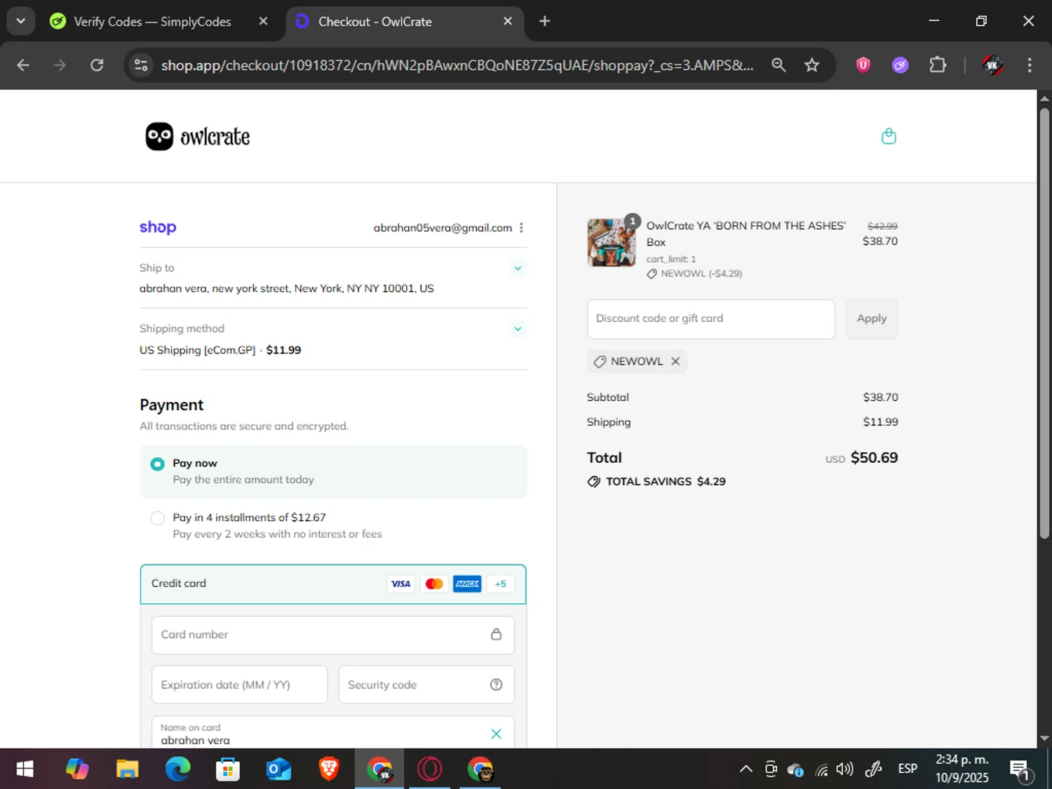 Owl Crate discount code screenshot showing code NEWOWL applied at Owl Crate checkout page. Uploaded by SimplyCodes community member TreasureAdmiral6867 on Sep 10, 2025