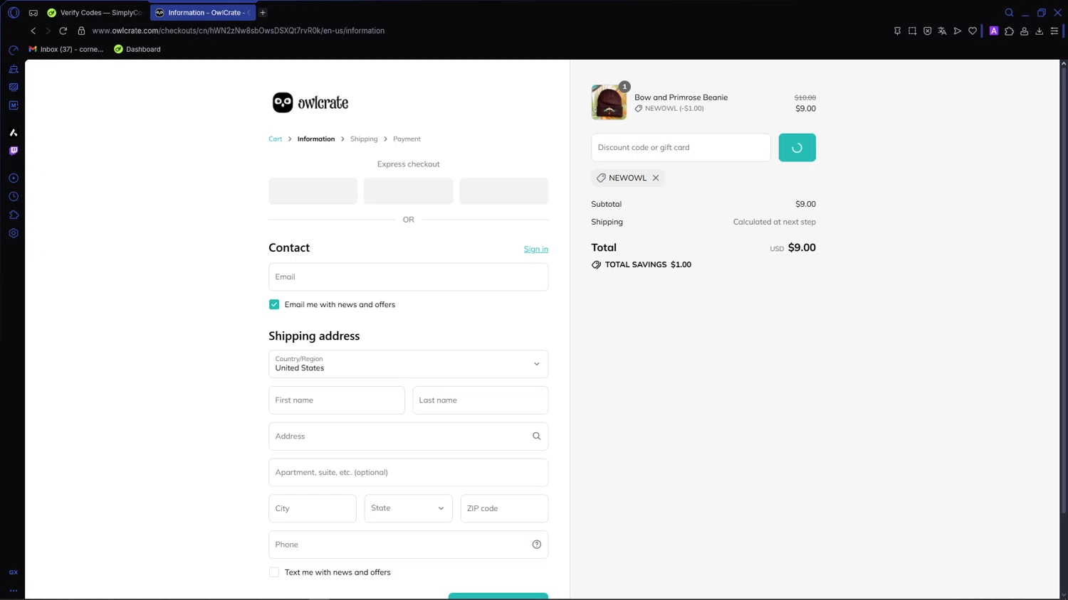 Owl Crate discount code screenshot showing code NEWOWL applied at Owl Crate checkout page. Uploaded by SimplyCodes community member VictoriousCaptain3902 on Sep 15, 2025