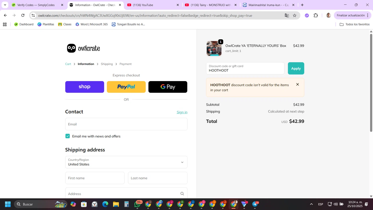 Owl Crate discount code screenshot showing code HOOTHOOT applied at Owl Crate checkout page. Uploaded by SimplyCodes community member FernandoLetex on Oct 25, 2025