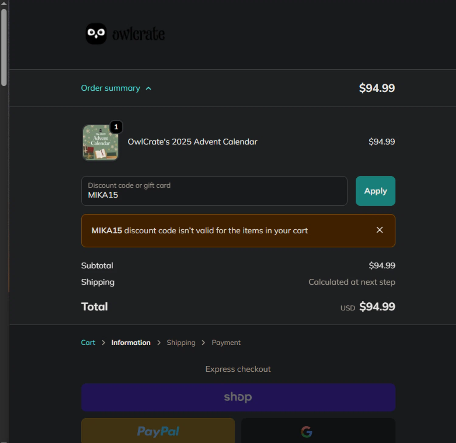 Owl Crate discount code screenshot showing code MIKA15 applied at Owl Crate checkout page. Uploaded by SimplyCodes community member TreasureMaestro5413 on Oct 25, 2025