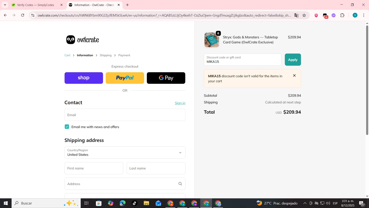 Owl Crate discount code screenshot showing code MIKA15 applied at Owl Crate checkout page. Uploaded by SimplyCodes community member lyffytaro on Dec 8, 2025