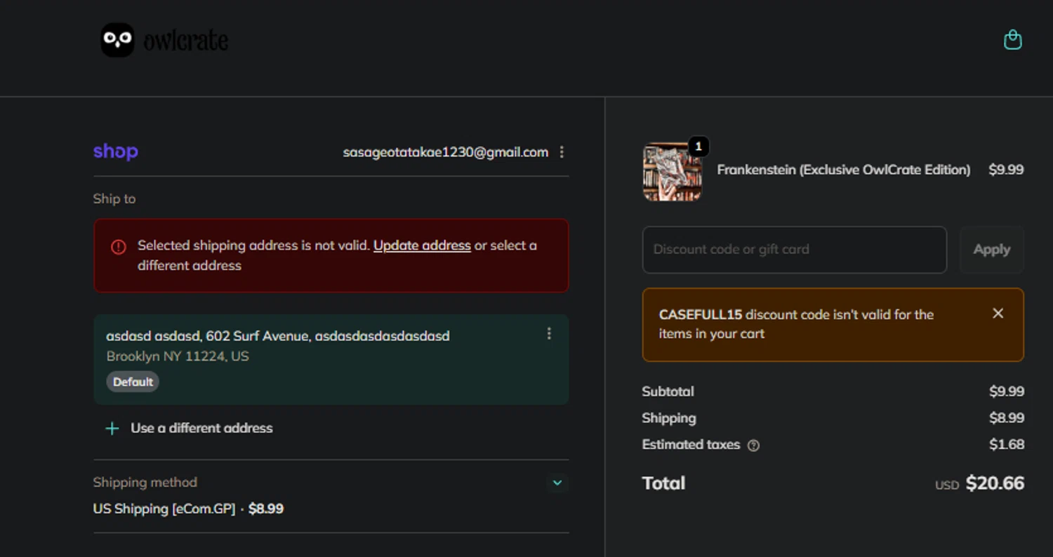 Owl Crate checkout page showing Owl Crate discount code box | Screenshot taken by SimplyCodes community member on Feb 7, 2026