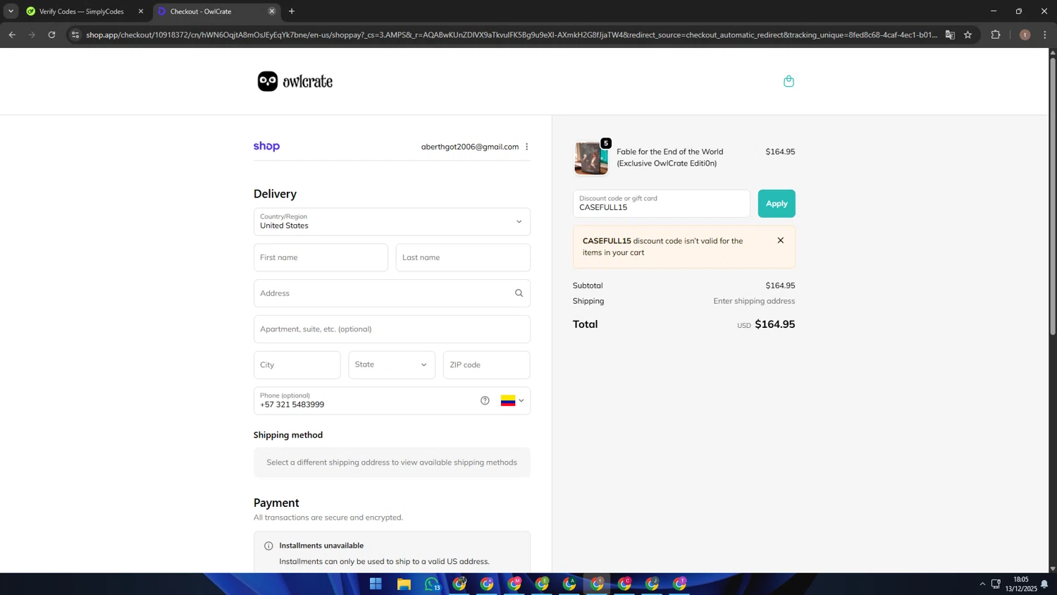 Owl Crate discount code screenshot showing code CASEFULL15 applied at Owl Crate checkout page. Uploaded by SimplyCodes community member Kaizen on Dec 13, 2025
