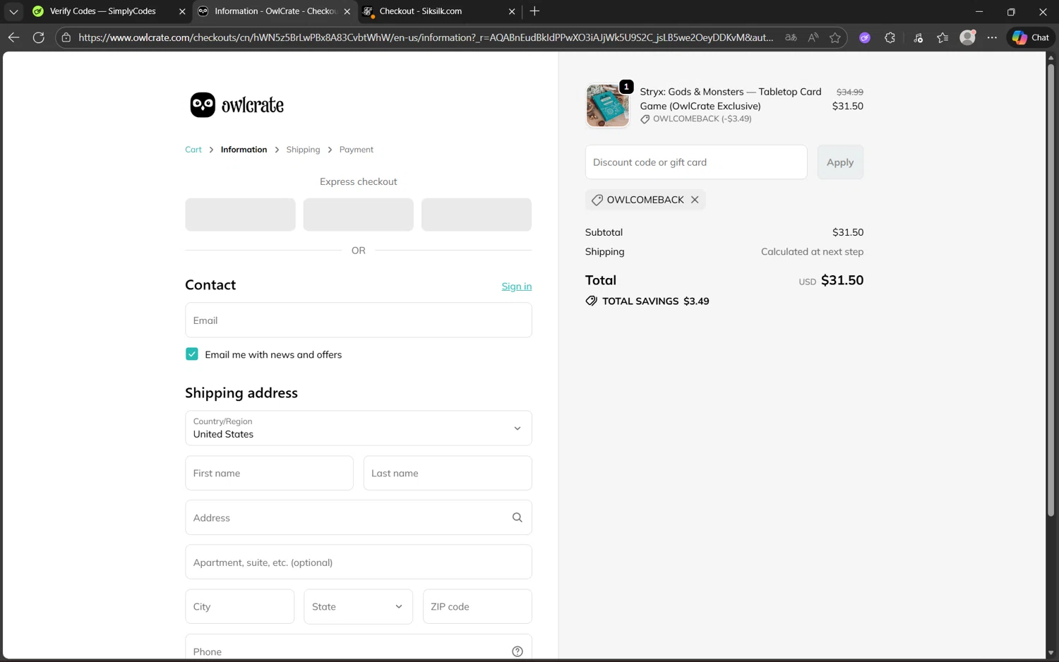 Owl Crate discount code screenshot showing code OWLCOMEBACK applied at Owl Crate checkout page. Uploaded by SimplyCodes community member Yuyu12 on Dec 3, 2025