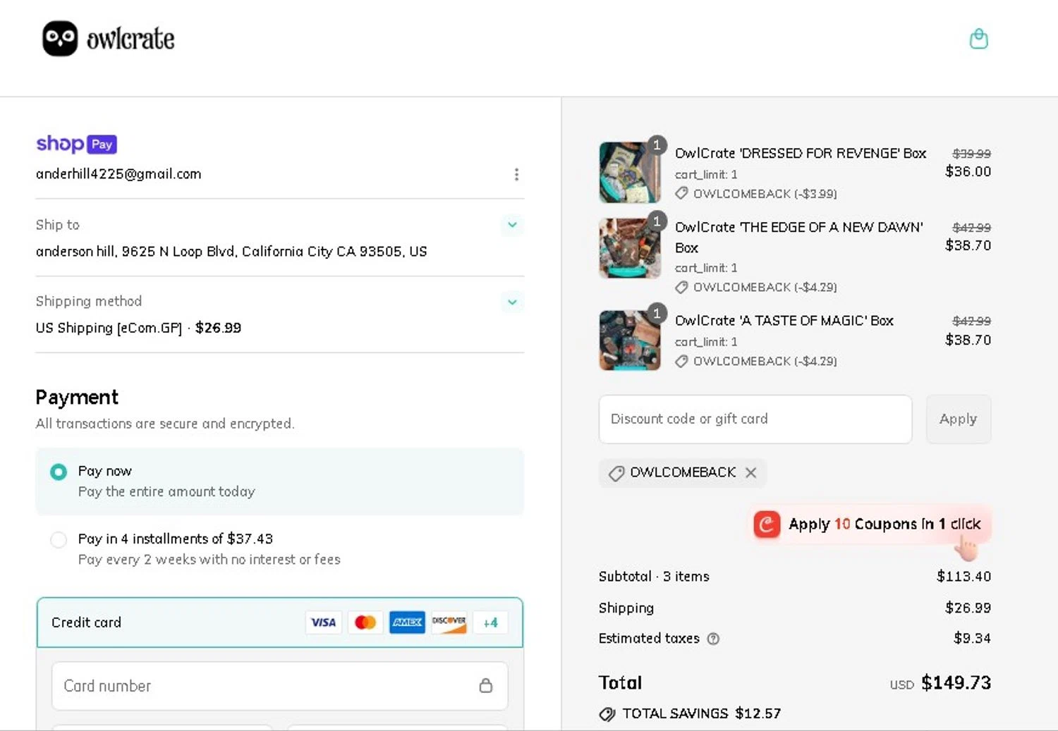 Owl Crate discount code screenshot showing code OWLCOMEBACK applied at Owl Crate checkout page. Uploaded by SimplyCodes community member Elcompa on Jul 16, 2025