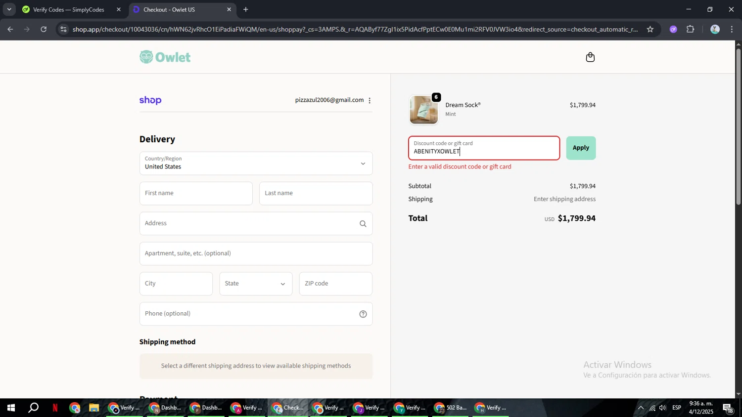 Owlet promo code screenshot showing code ABENITYXOWLET applied at Owlet checkout page. Uploaded by SimplyCodes community member ShrewdSeeker6165 on Dec 4, 2025