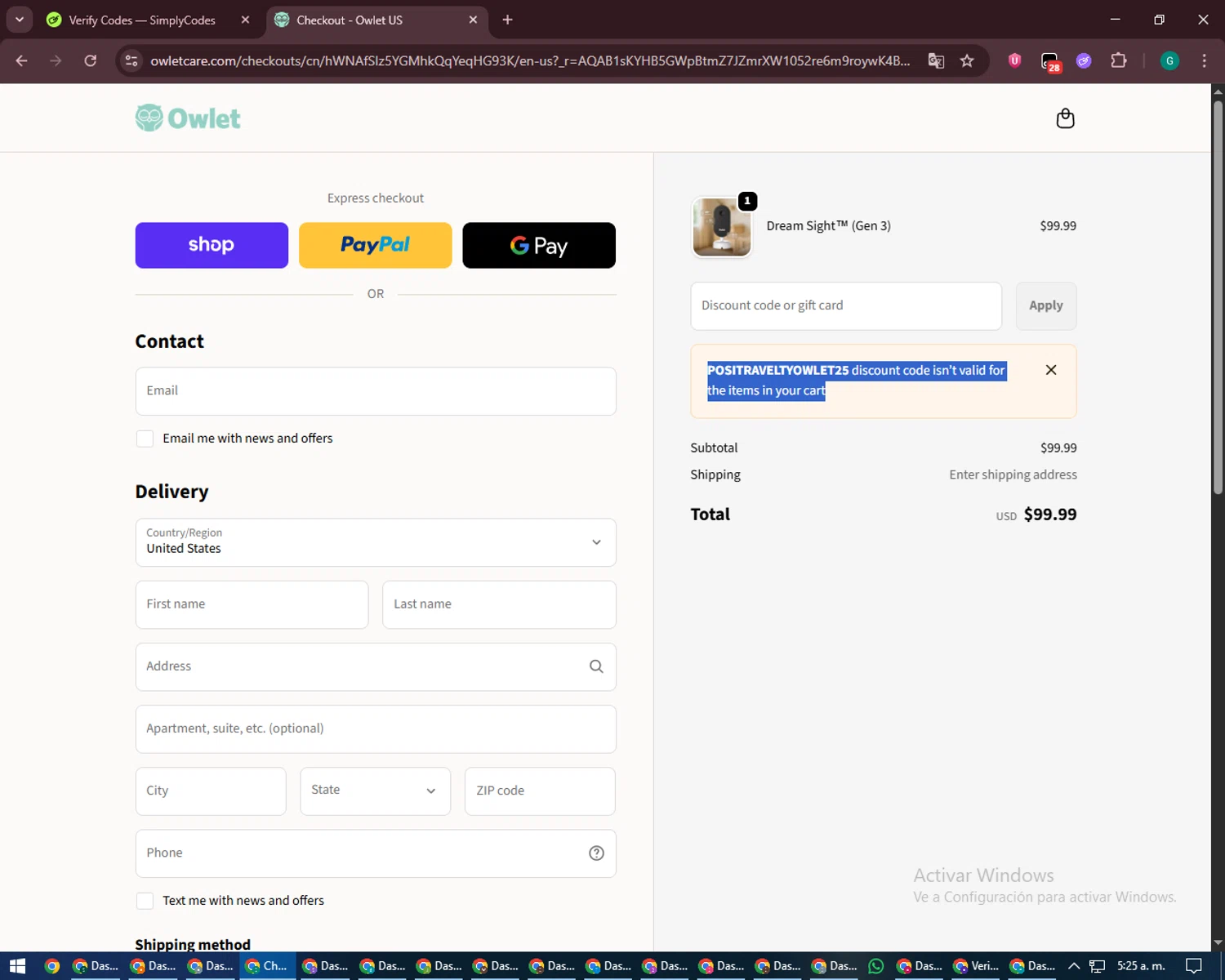 Owlet promo code screenshot showing code Positraveltyowlet25 applied at Owlet checkout page. Uploaded by SimplyCodes community member PennyFinder5759 on Apr 5, 2026
