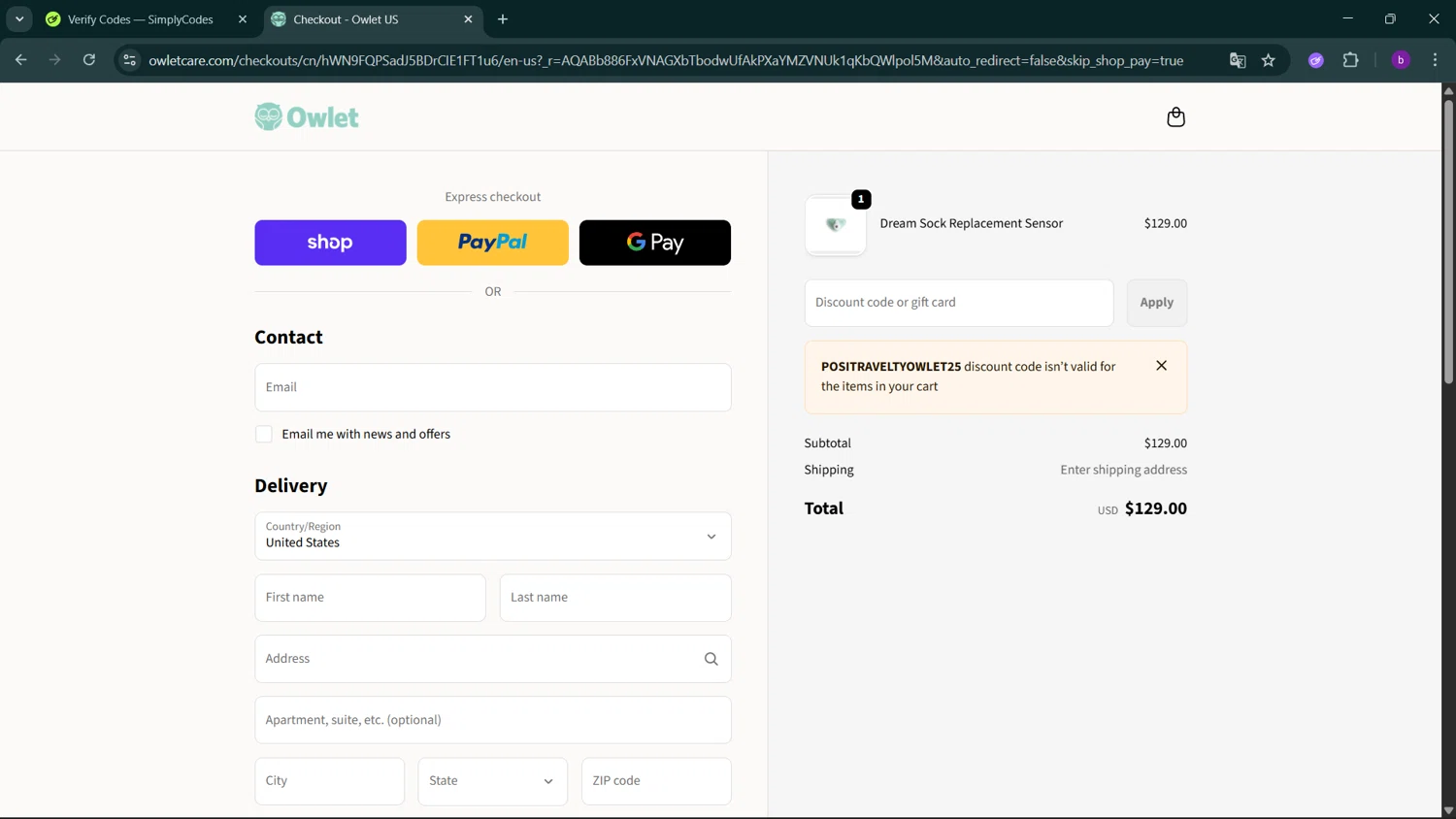 Owlet promo code screenshot showing code Positraveltyowlet25 applied at Owlet checkout page. Uploaded by SimplyCodes community member RoyalSleuth2430 on Feb 26, 2026