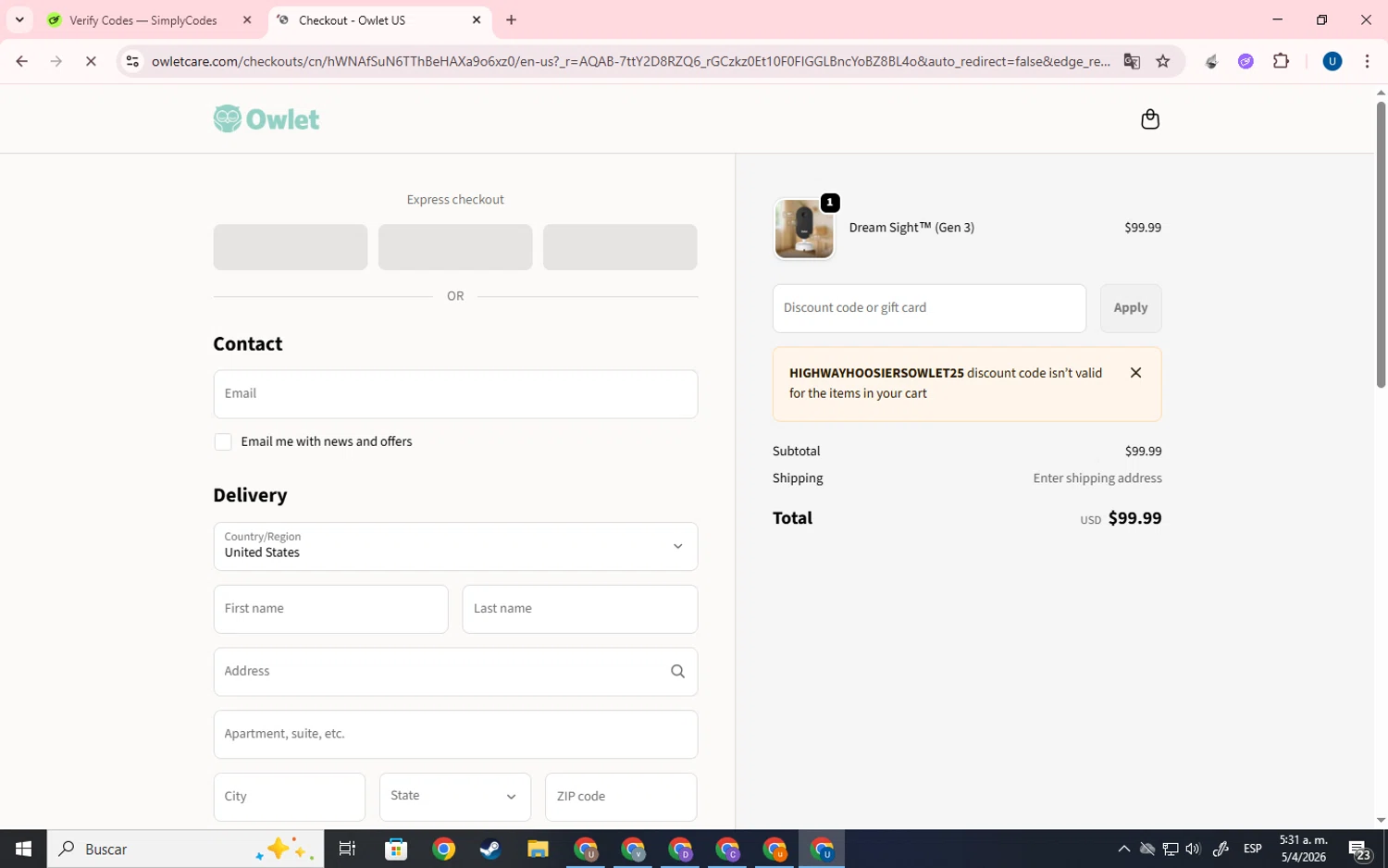 Owlet promo code screenshot showing code HIGHWAYHOOSIERSOWLET25 applied at Owlet checkout page. Uploaded by SimplyCodes community member Frankcuenca on Apr 5, 2026