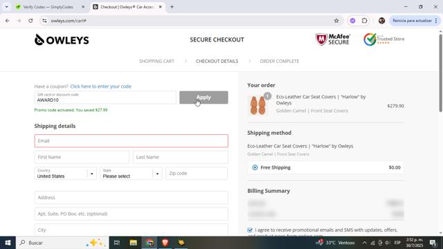 Owleys checkout page showing Owleys coupon code box | Screenshot taken by SimplyCodes community member on Jul 30, 2025