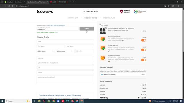 Owleys checkout page showing Owleys coupon code box | Screenshot taken by SimplyCodes community member on Aug 25, 2025