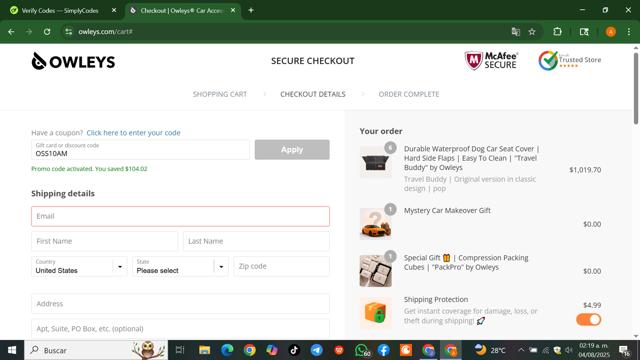Owleys checkout page showing Owleys coupon code box | Screenshot taken by SimplyCodes community member on Aug 4, 2025