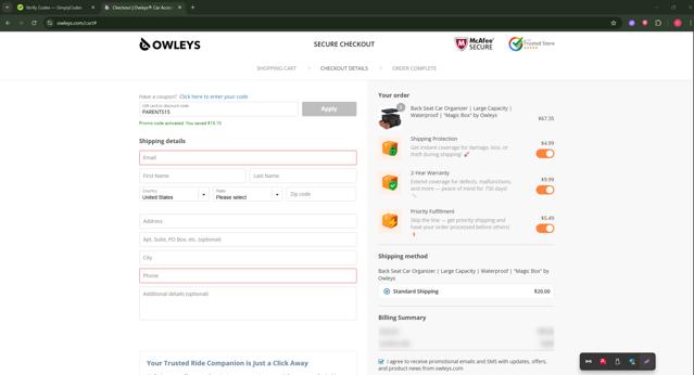 Owleys checkout page showing Owleys coupon code box | Screenshot taken by SimplyCodes community member on Jul 24, 2025