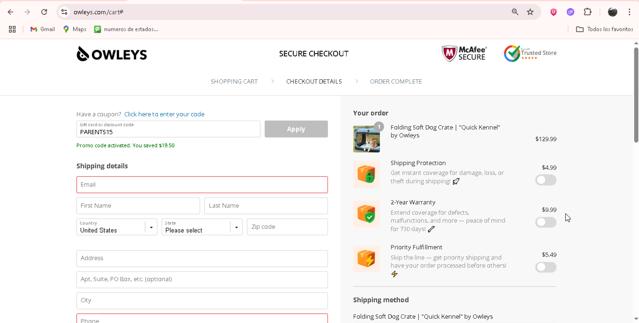 Owleys checkout page showing Owleys coupon code box | Screenshot taken by SimplyCodes community member on Jul 24, 2025