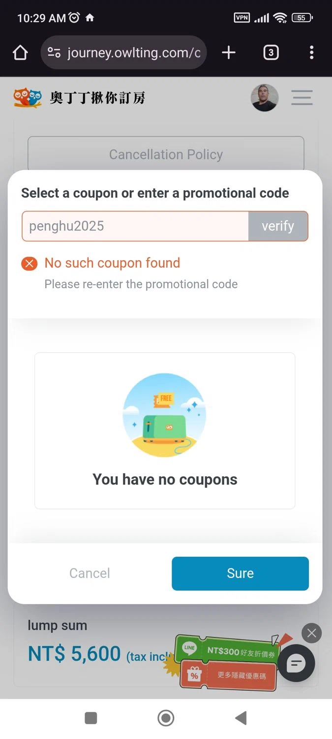 OwlTing promo code screenshot showing code penghu2025 applied at OwlTing checkout page. Uploaded by SimplyCodes community member juliocoronel038ef0f on Jul 10, 2025