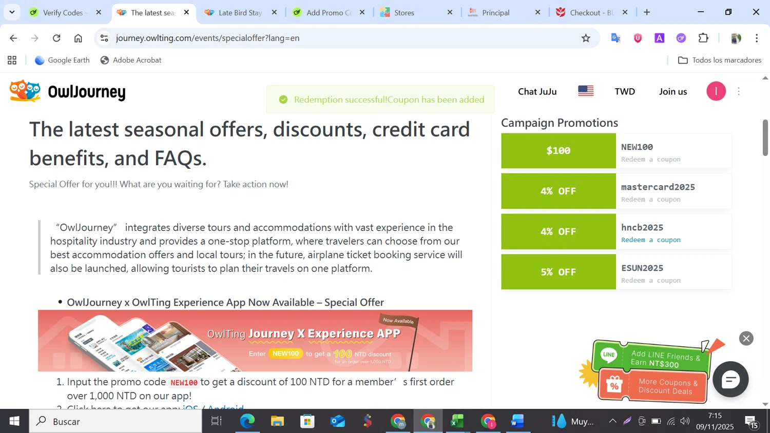 OwlTing promo code screenshot showing code hncb2025 applied at OwlTing checkout page. Uploaded by SimplyCodes community member NobleMonarch5837 on Nov 9, 2025