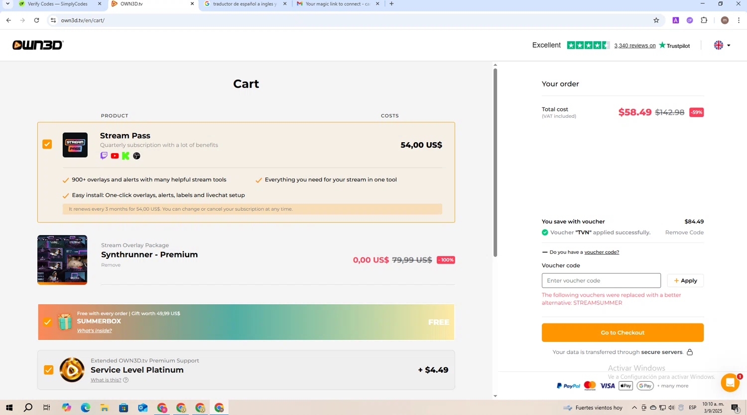 OWN3D checkout page showing OWN3D promo code box | Screenshot taken by SimplyCodes community member on Sep 3, 2025