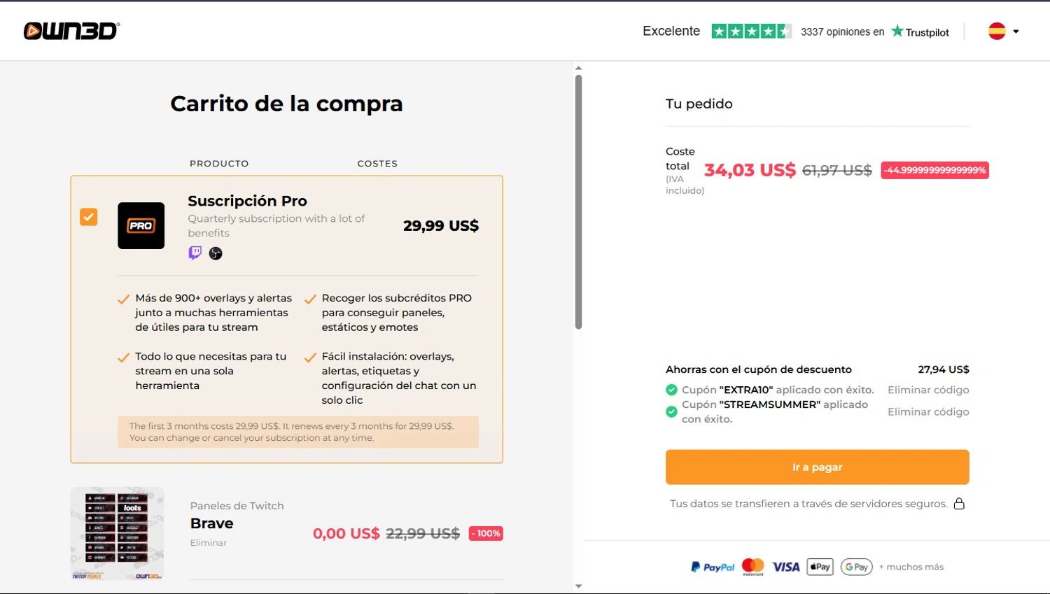 OWN3D promo code screenshot showing code EXTRA10 applied at OWN3D checkout page. Uploaded by SimplyCodes community member TokioMiller on Jun 28, 2025
