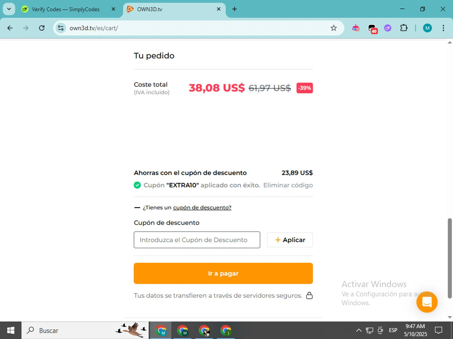 OWN3D promo code screenshot showing code EXTRA10 applied at OWN3D checkout page. Uploaded by SimplyCodes community member estrellaveloz on May 10, 2025