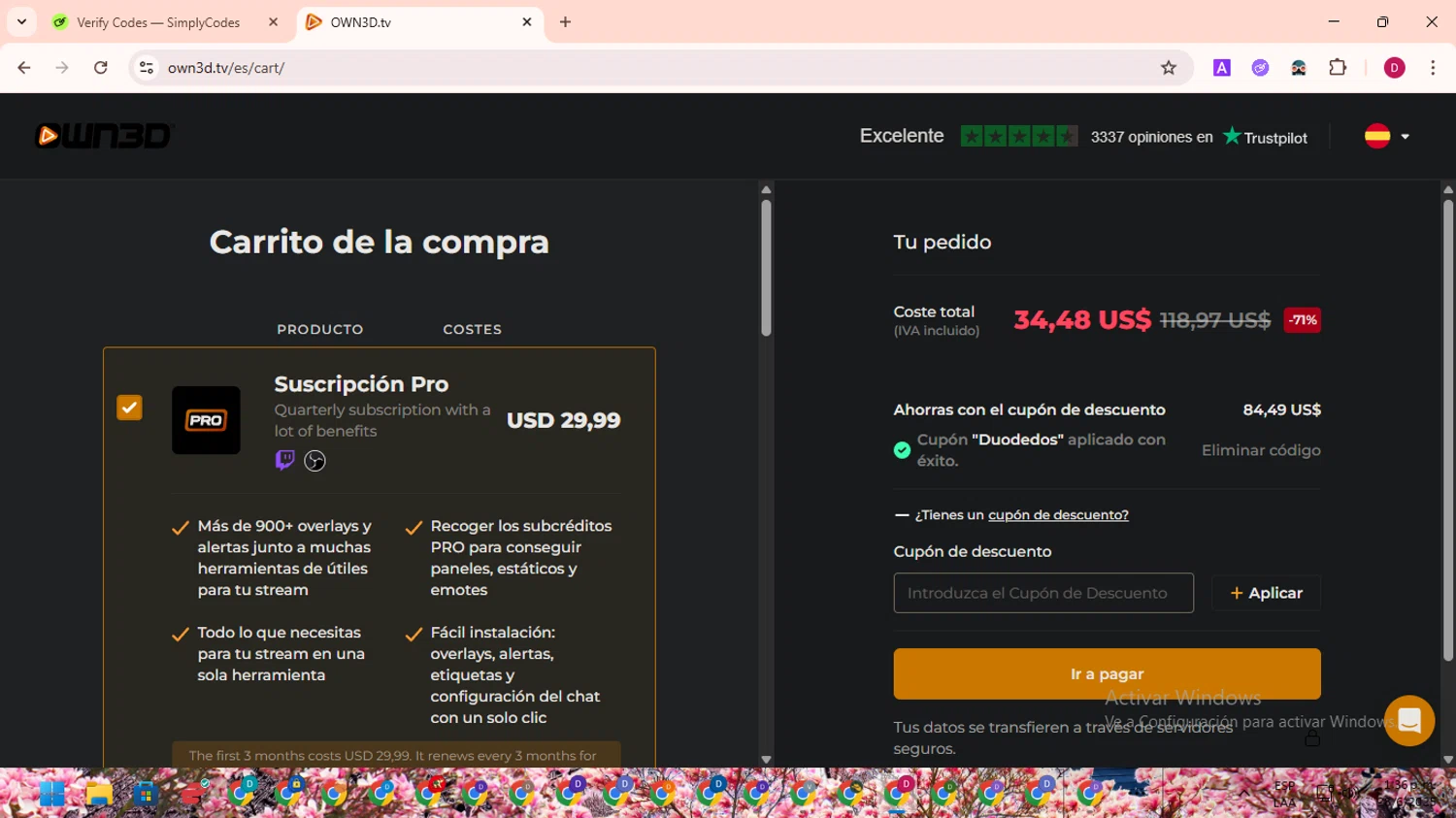 OWN3D promo code screenshot showing code Duodedos applied at OWN3D checkout page. Uploaded by SimplyCodes community member EpicSaver9948 on Jun 28, 2025