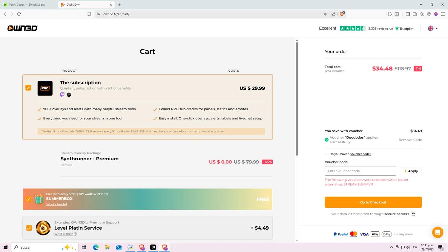 OWN3D promo code screenshot showing code Duodedos applied at OWN3D checkout page. Uploaded by SimplyCodes community member Raiiii18 on Jul 22, 2025