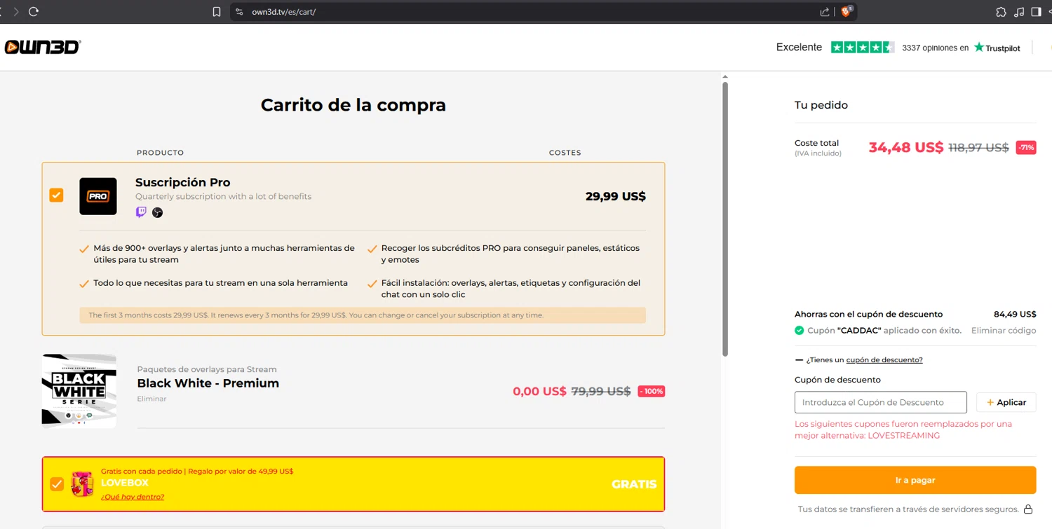 OWN3D promo code screenshot showing code caddac applied at OWN3D checkout page. Uploaded by SimplyCodes community member AnonimusGG on May 24, 2025