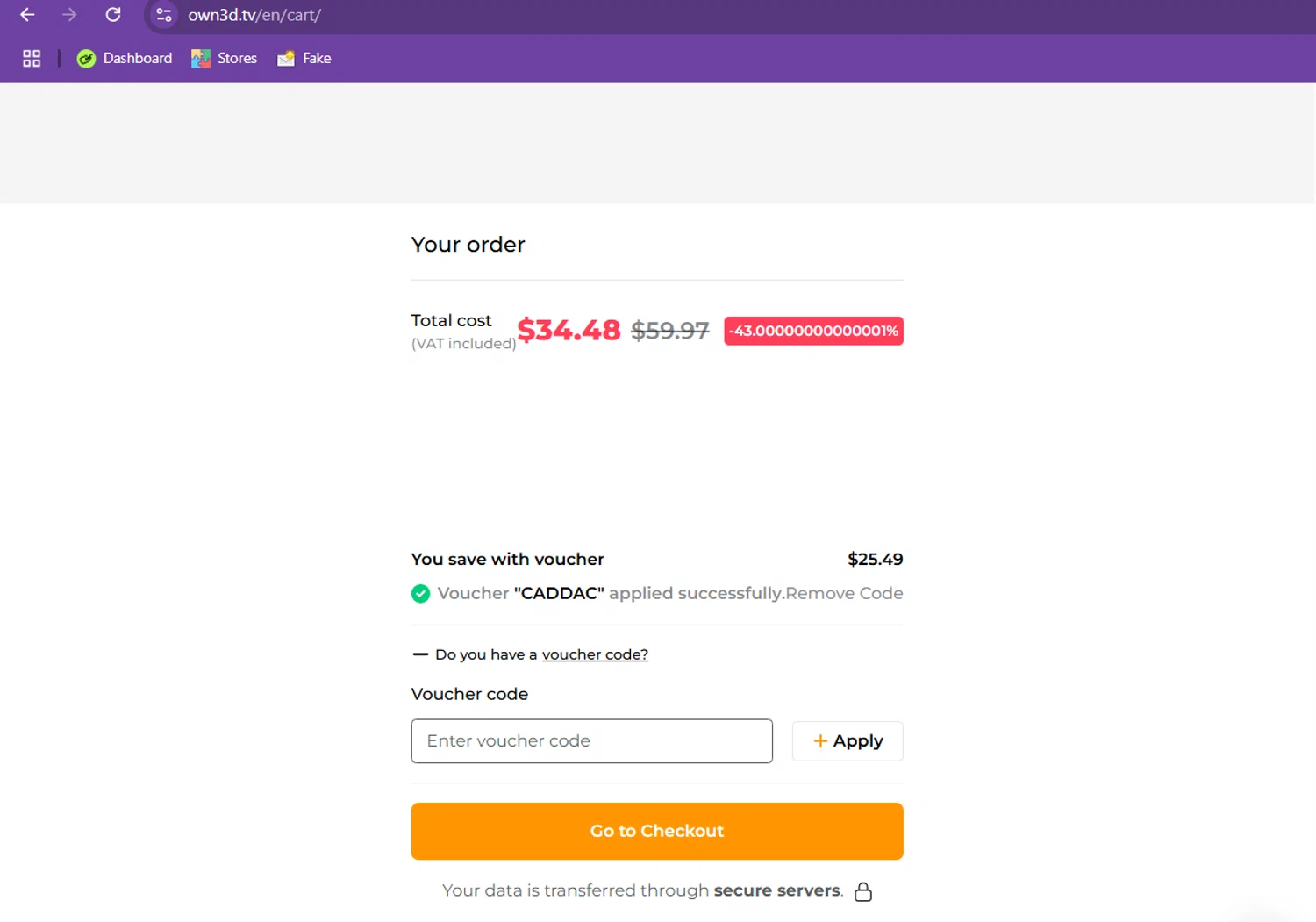OWN3D promo code screenshot showing code caddac applied at OWN3D checkout page. Uploaded by SimplyCodes community member RebateScholar429 on Jun 7, 2025