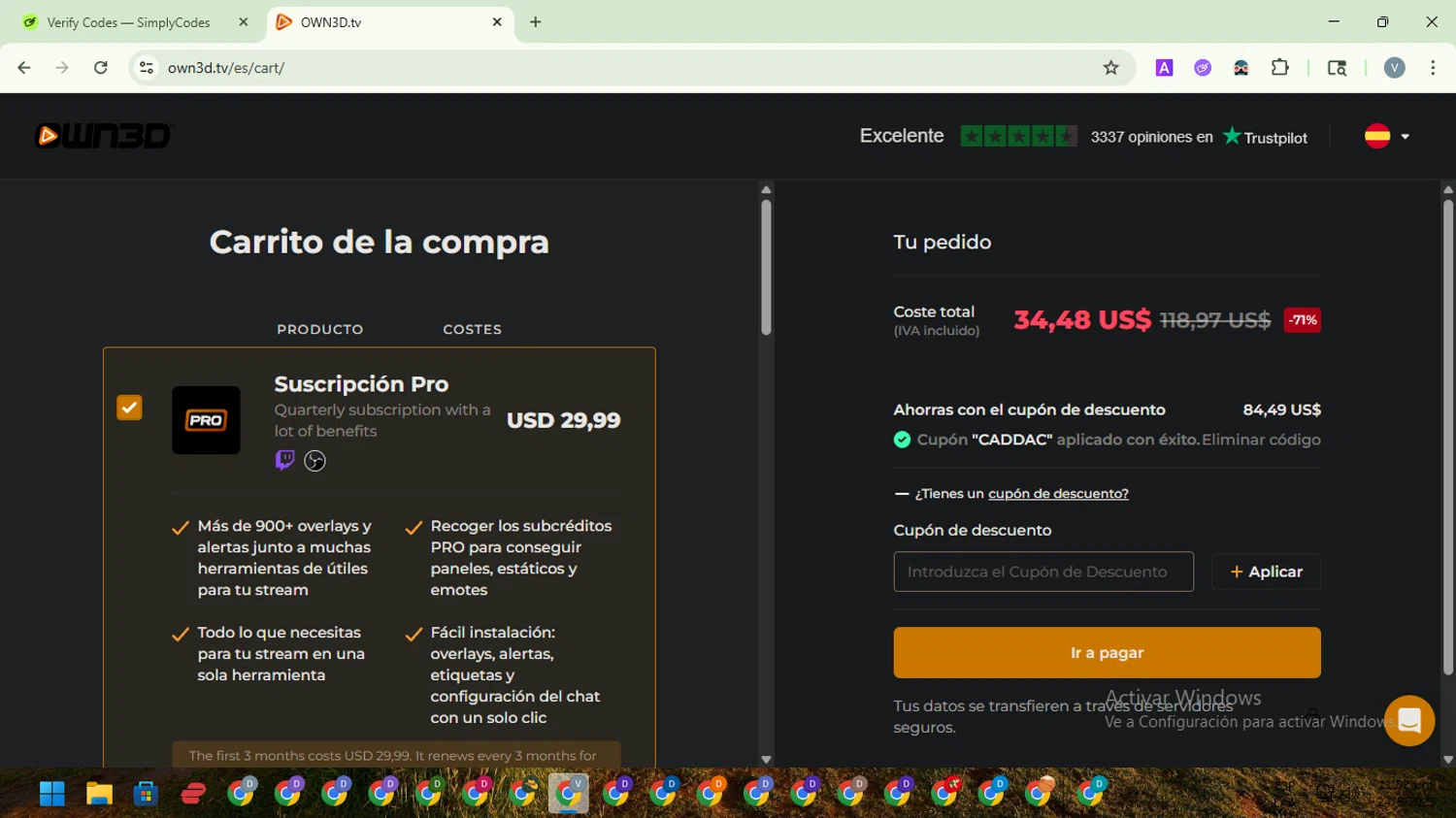 OWN3D promo code screenshot showing code caddac applied at OWN3D checkout page. Uploaded by SimplyCodes community member SwiftScout1619 on May 24, 2025