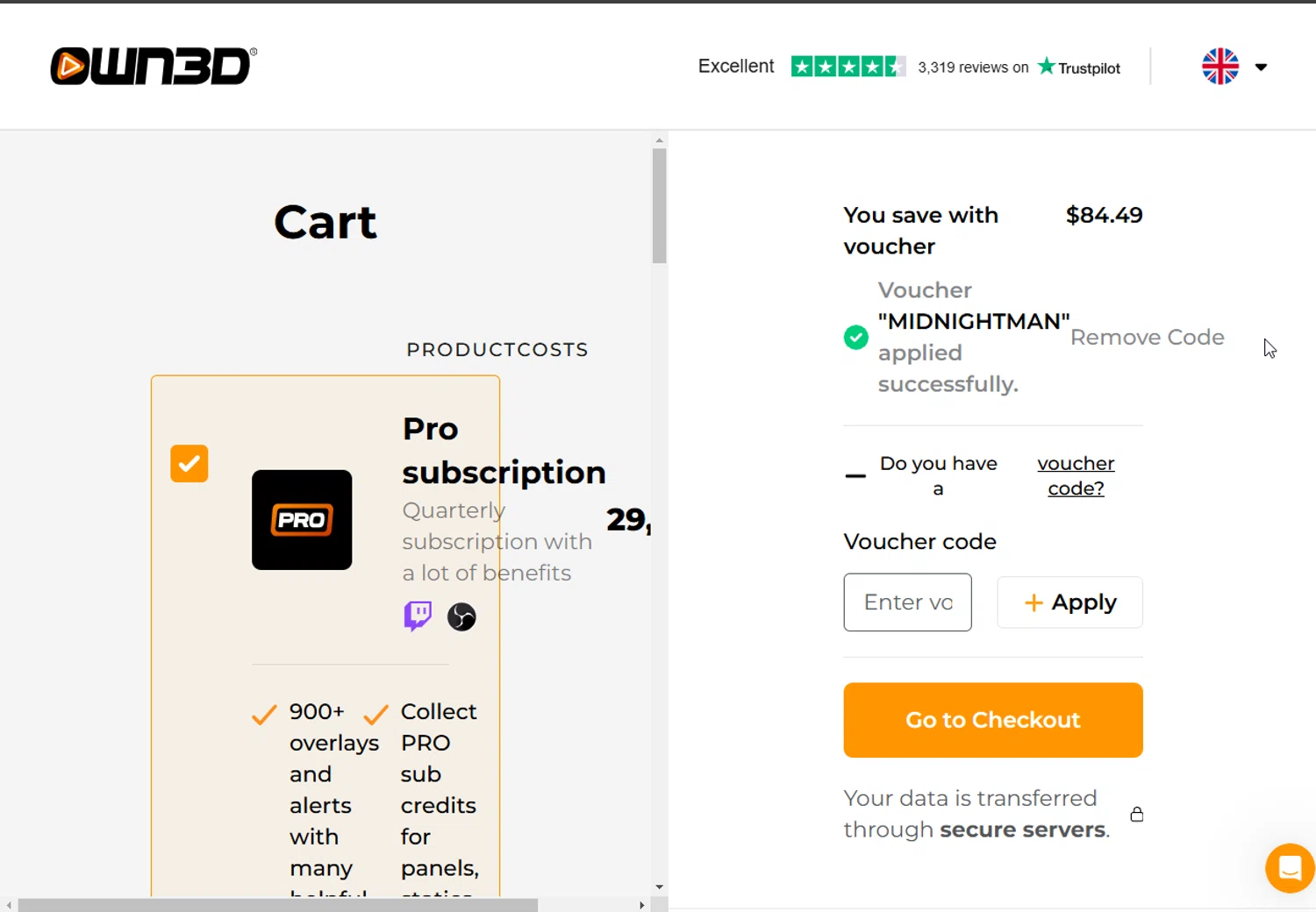 OWN3D promo code screenshot showing code MIDNIGHTMAN applied at OWN3D checkout page. Uploaded by SimplyCodes community member CoolMcCool on Jan 24, 2025