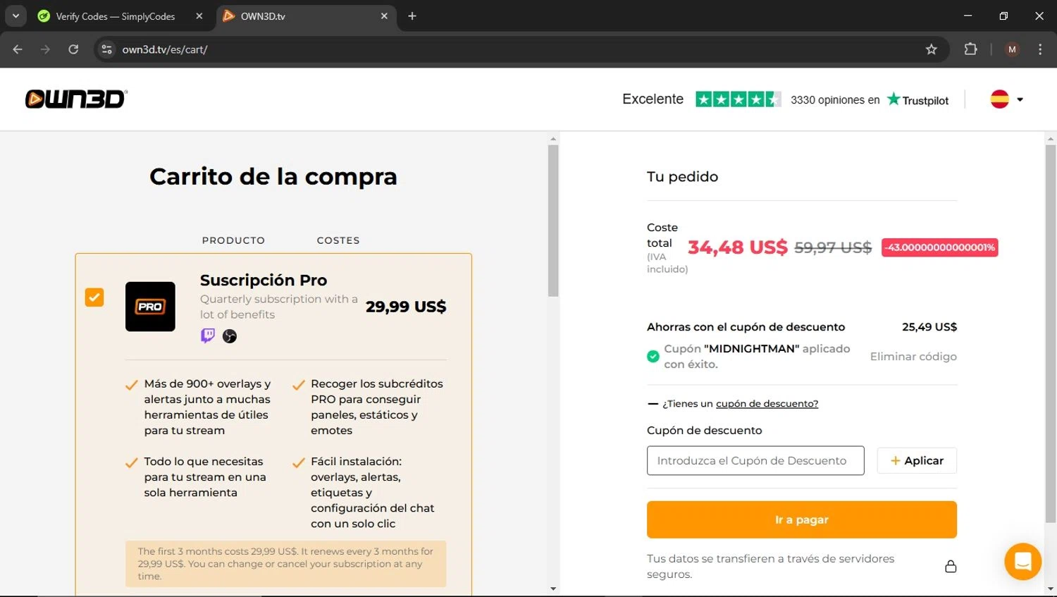 OWN3D promo code screenshot showing code MIDNIGHTMAN applied at OWN3D checkout page. Uploaded by SimplyCodes community member SaleSentinel3142 on Feb 18, 2025