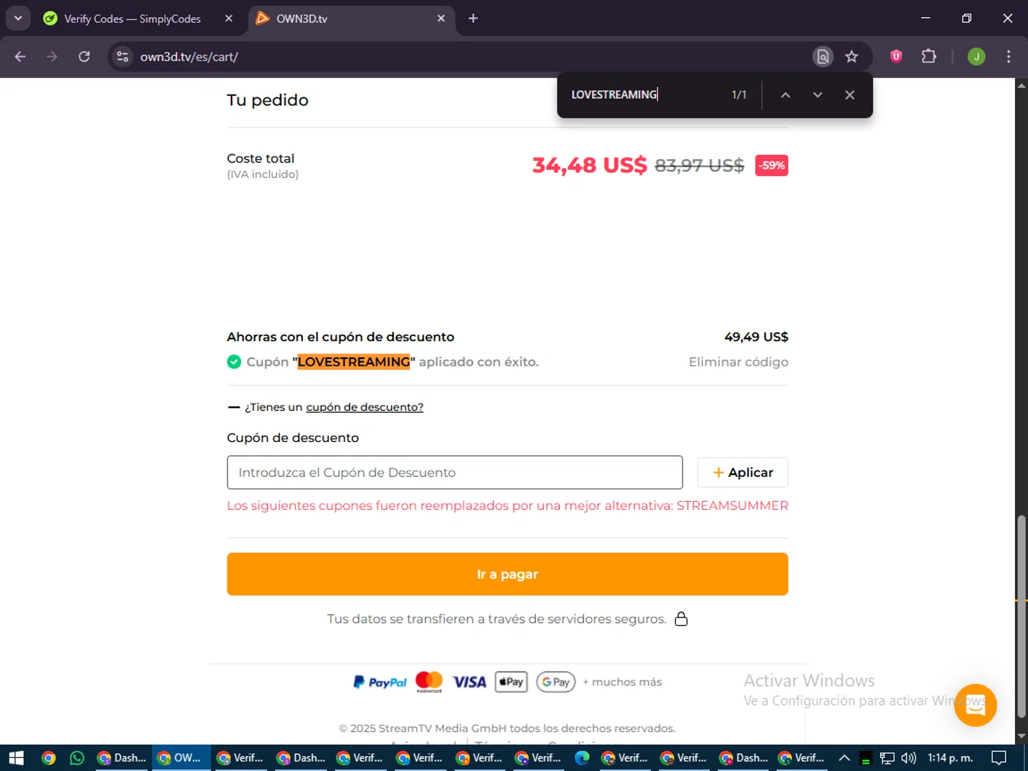 OWN3D promo code screenshot showing code LOVESTREAMING applied at OWN3D checkout page. Uploaded by SimplyCodes community member LilBaby on Jun 28, 2025