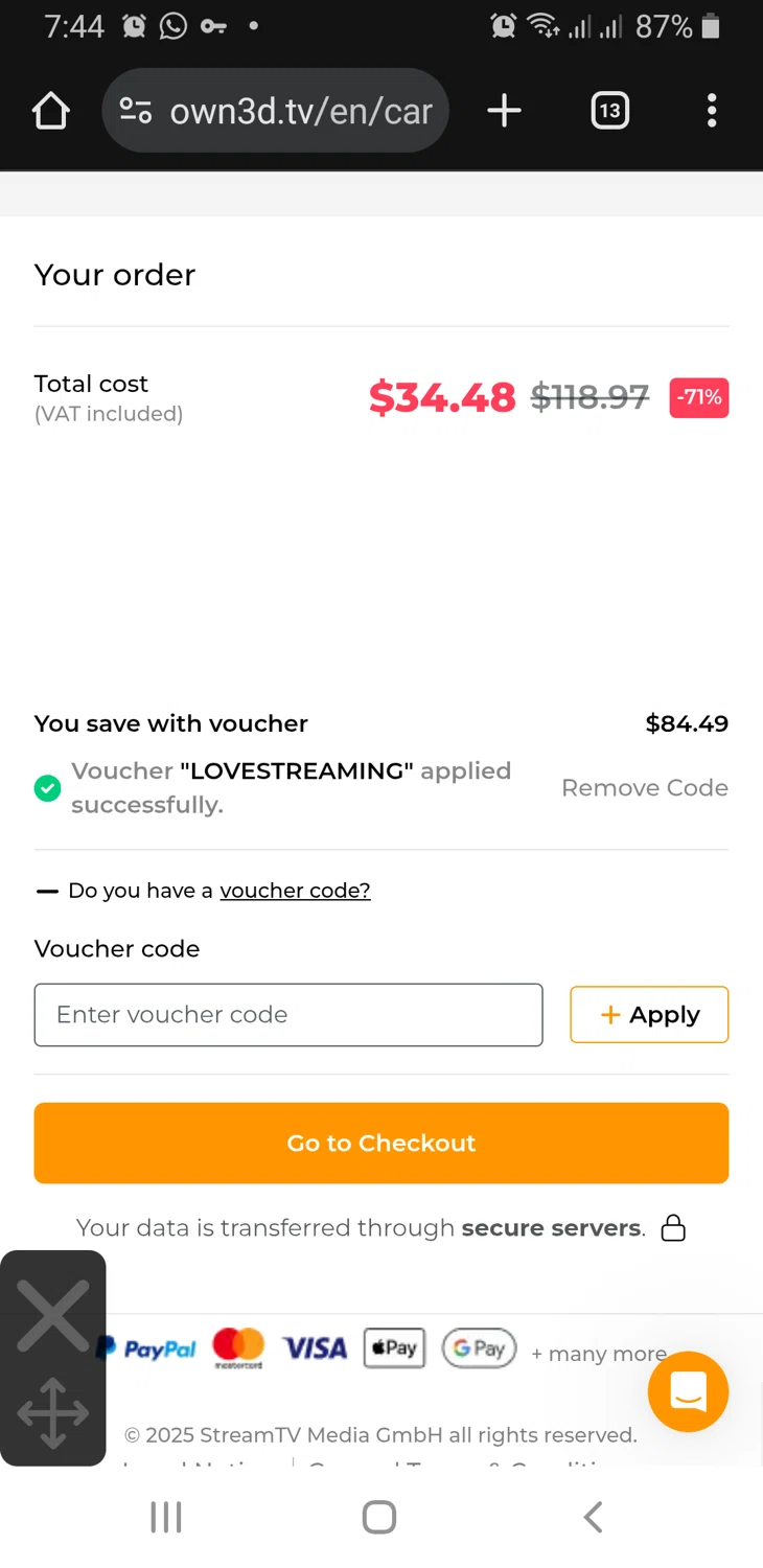 OWN3D promo code screenshot showing code LOVESTREAMING applied at OWN3D checkout page. Uploaded by SimplyCodes community member TreasureLynx6841 on Jun 8, 2025