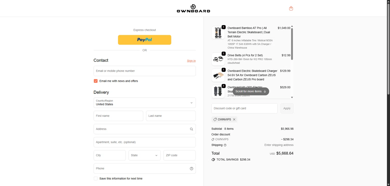 Ownboard promo code screenshot showing code OWNVIP5 applied at Ownboard checkout page. Uploaded by SimplyCodes community member TreasureScholar8716 on Jan 10, 2026