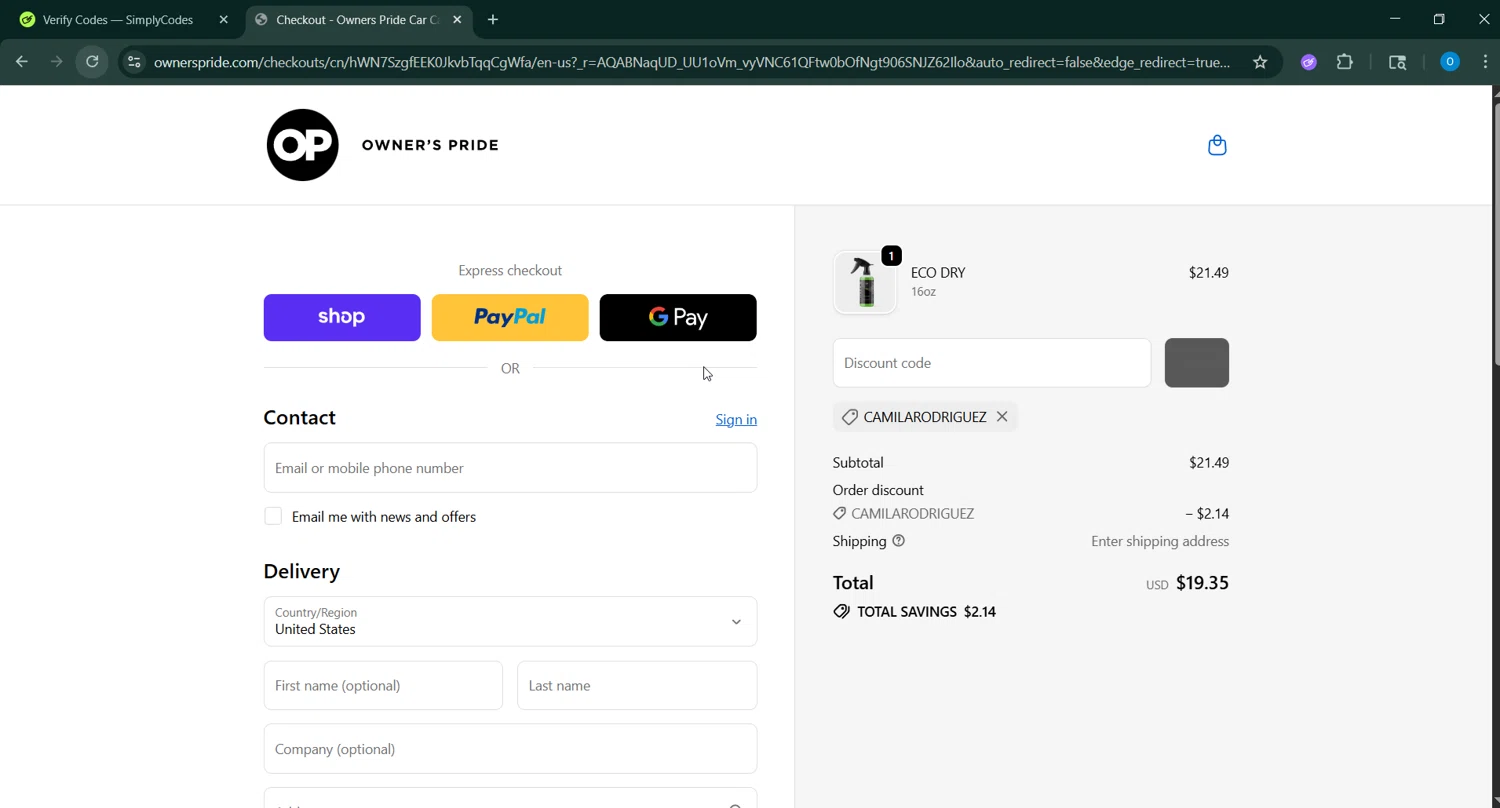 Owner's Pride Care promo code screenshot showing code CAMILARODRIGUEZ applied at Owner's Pride Care checkout page. Uploaded by SimplyCodes community member RoyalSage9159 on Jan 11, 2026