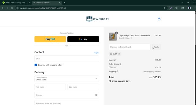 Ownkoti checkout page showing Ownkoti discount code box | Screenshot taken by SimplyCodes community member on Sep 2, 2025