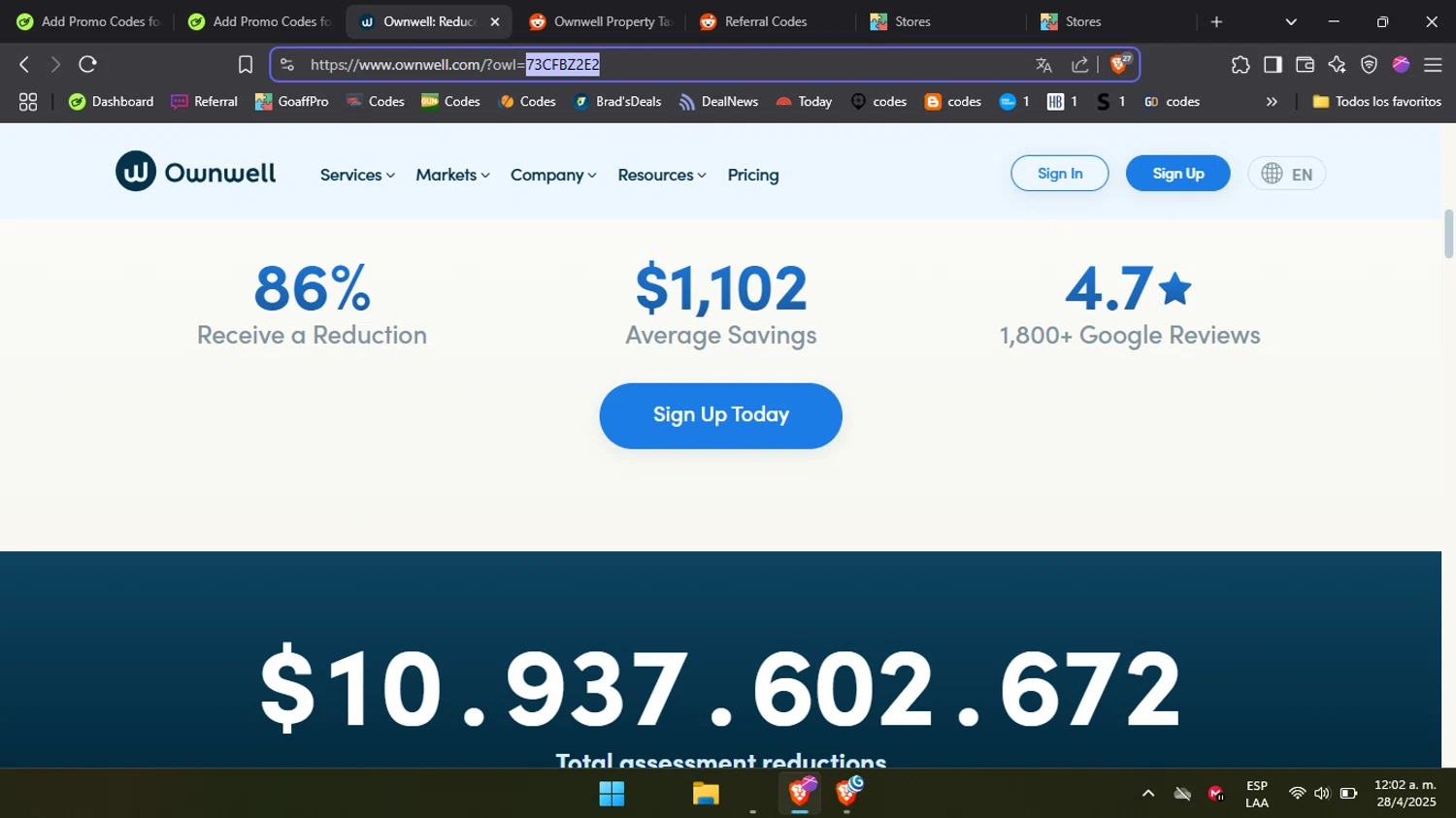 Ownwell promo code screenshot showing code 73CFBZ2E2 applied at Ownwell checkout page. Uploaded by SimplyCodes community member BabaYaga on Apr 28, 2025