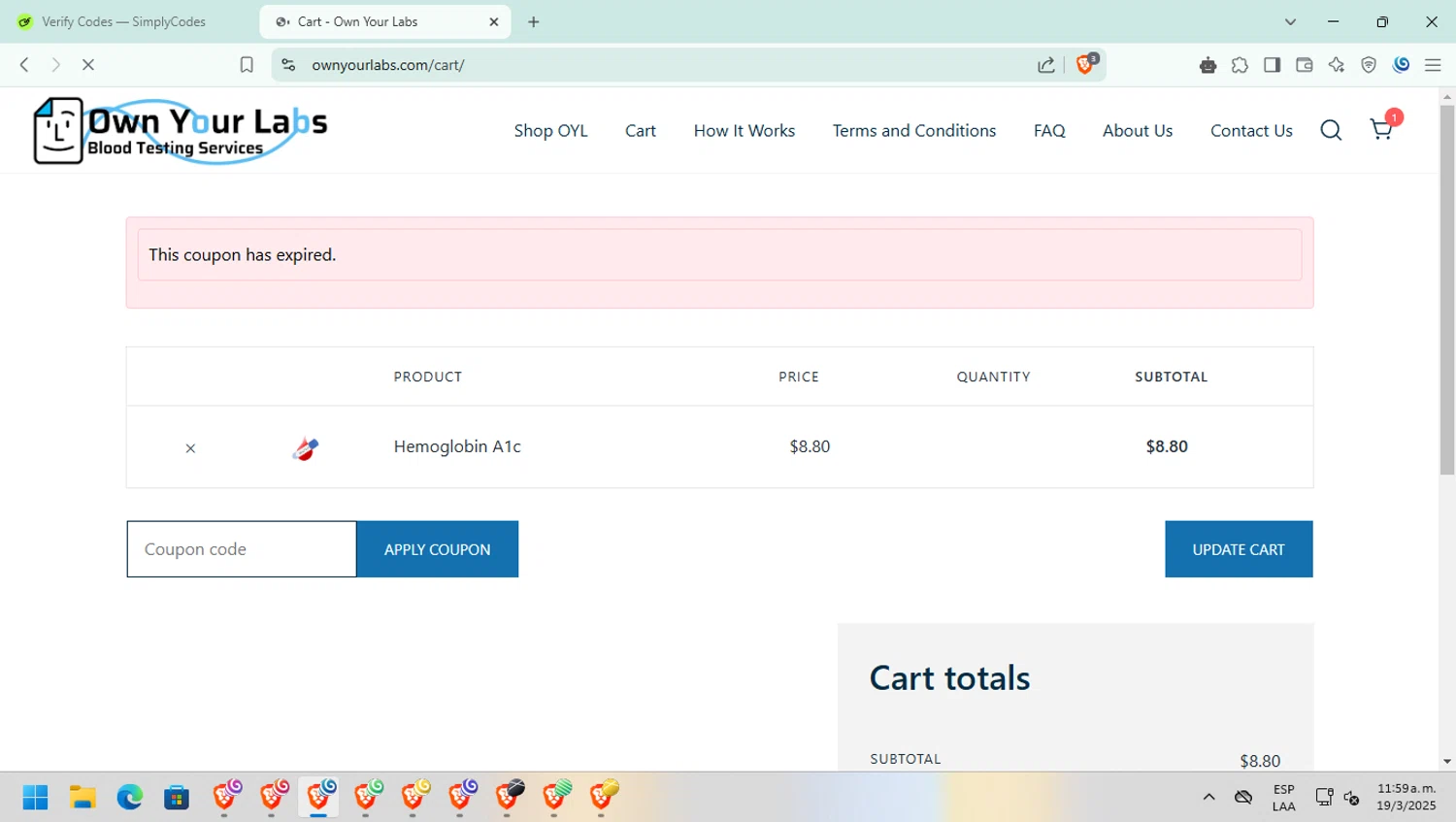 Own Your Labs coupon code screenshot showing code csd applied at Own Your Labs checkout page. Uploaded by SimplyCodes community member nadita on Mar 19, 2025