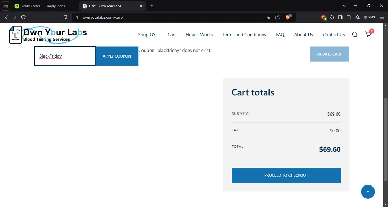 Own Your Labs coupon code screenshot showing code BlackFriday applied at Own Your Labs checkout page. Uploaded by SimplyCodes community member Migu_u on Jan 27, 2025