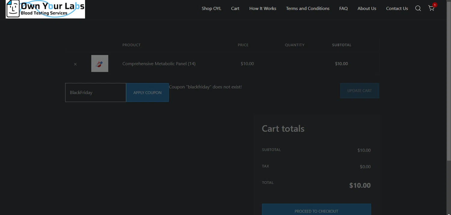 Own Your Labs coupon code screenshot showing code BlackFriday applied at Own Your Labs checkout page. Uploaded by SimplyCodes community member Nor_man on Jan 27, 2025