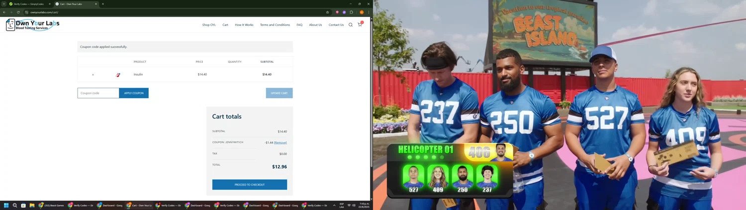Own Your Labs coupon code screenshot showing code JennyMitich applied at Own Your Labs checkout page. Uploaded by SimplyCodes community member Davoxeneixe on Jun 22, 2025