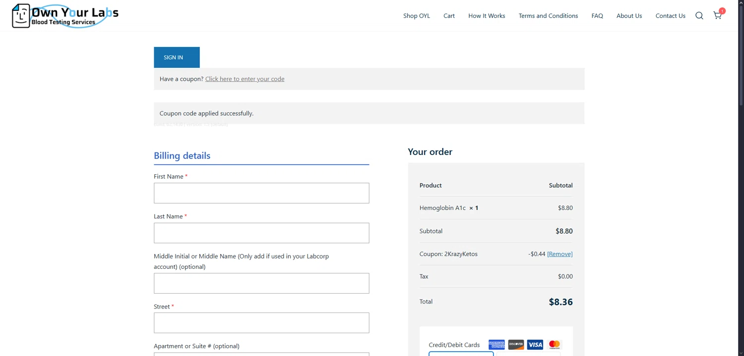 Own Your Labs coupon code screenshot showing code 2KRAZYKETOS applied at Own Your Labs checkout page. Uploaded by SimplyCodes community member Dorothy on Sep 26, 2025