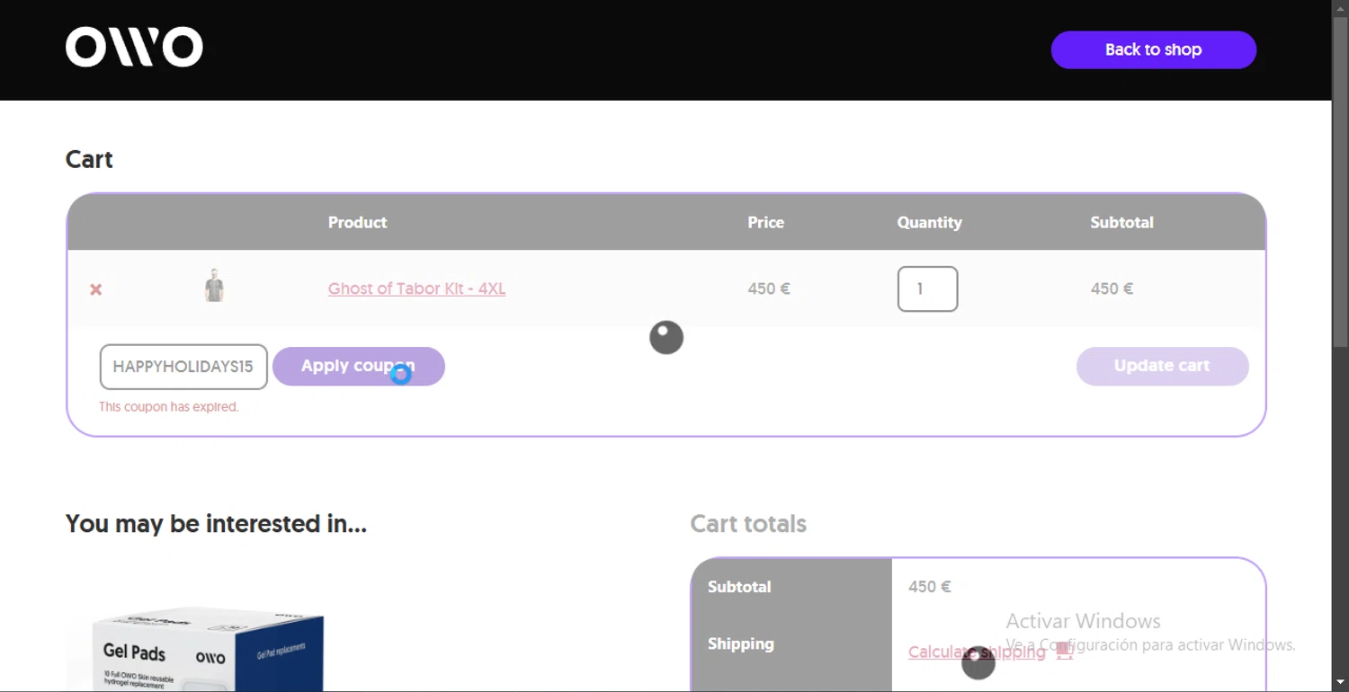 OWO promo code screenshot showing code HAPPYHOLIDAYS15 applied at OWO checkout page. Uploaded by SimplyCodes community member MoneyEagle4780 on Mar 5, 2025
