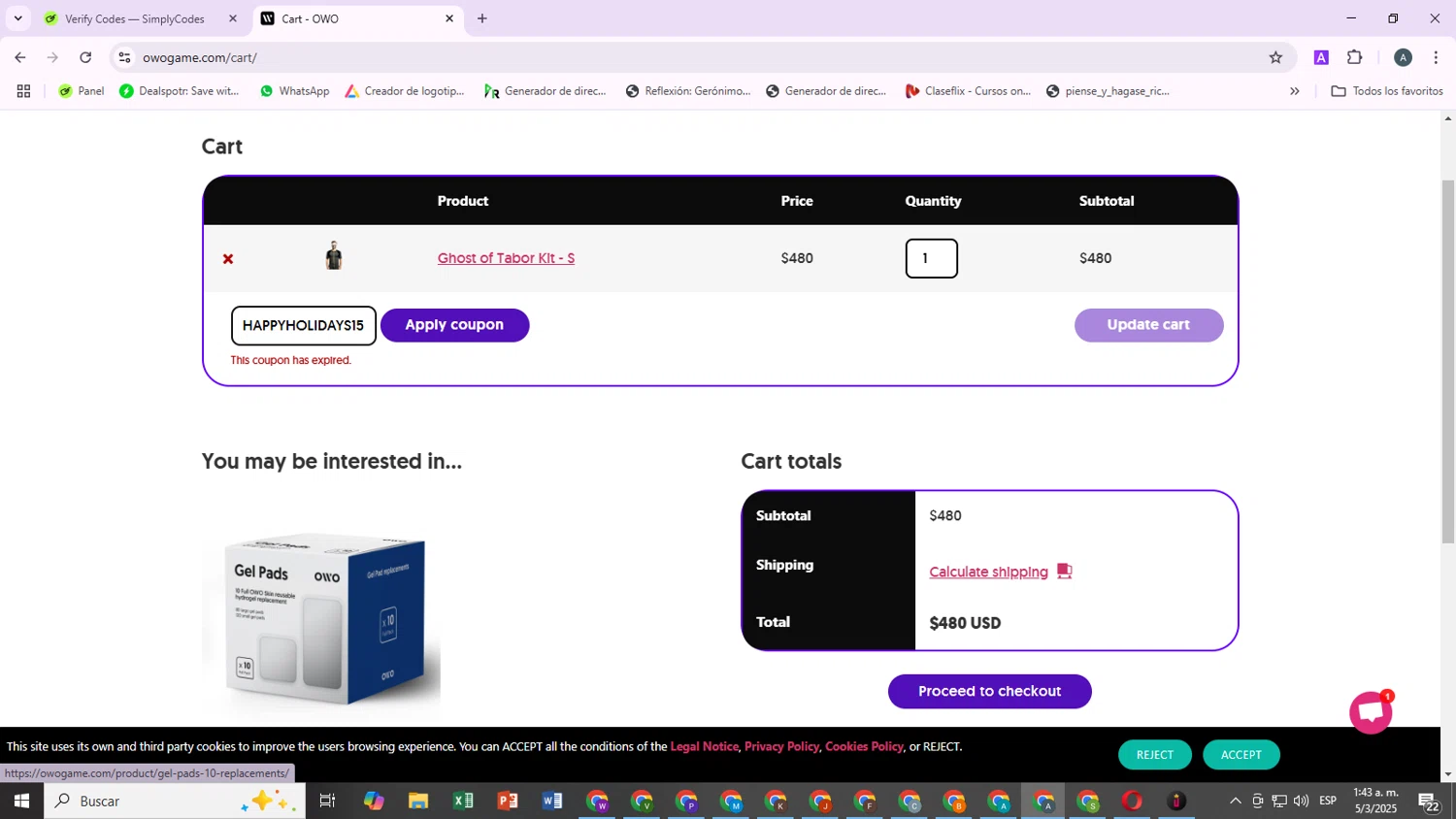 OWO promo code screenshot showing code HAPPYHOLIDAYS15 applied at OWO checkout page. Uploaded by SimplyCodes community member mora_2301 on Mar 5, 2025