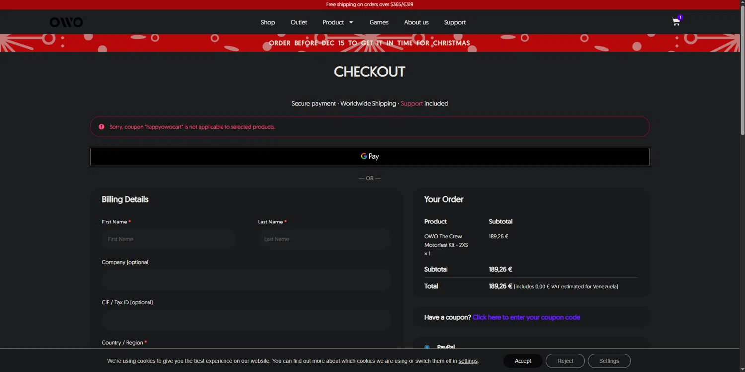 OWO promo code screenshot showing code HAPPYOWOCART applied at OWO checkout page. Uploaded by SimplyCodes community member CodeRanger4147 on Dec 11, 2025