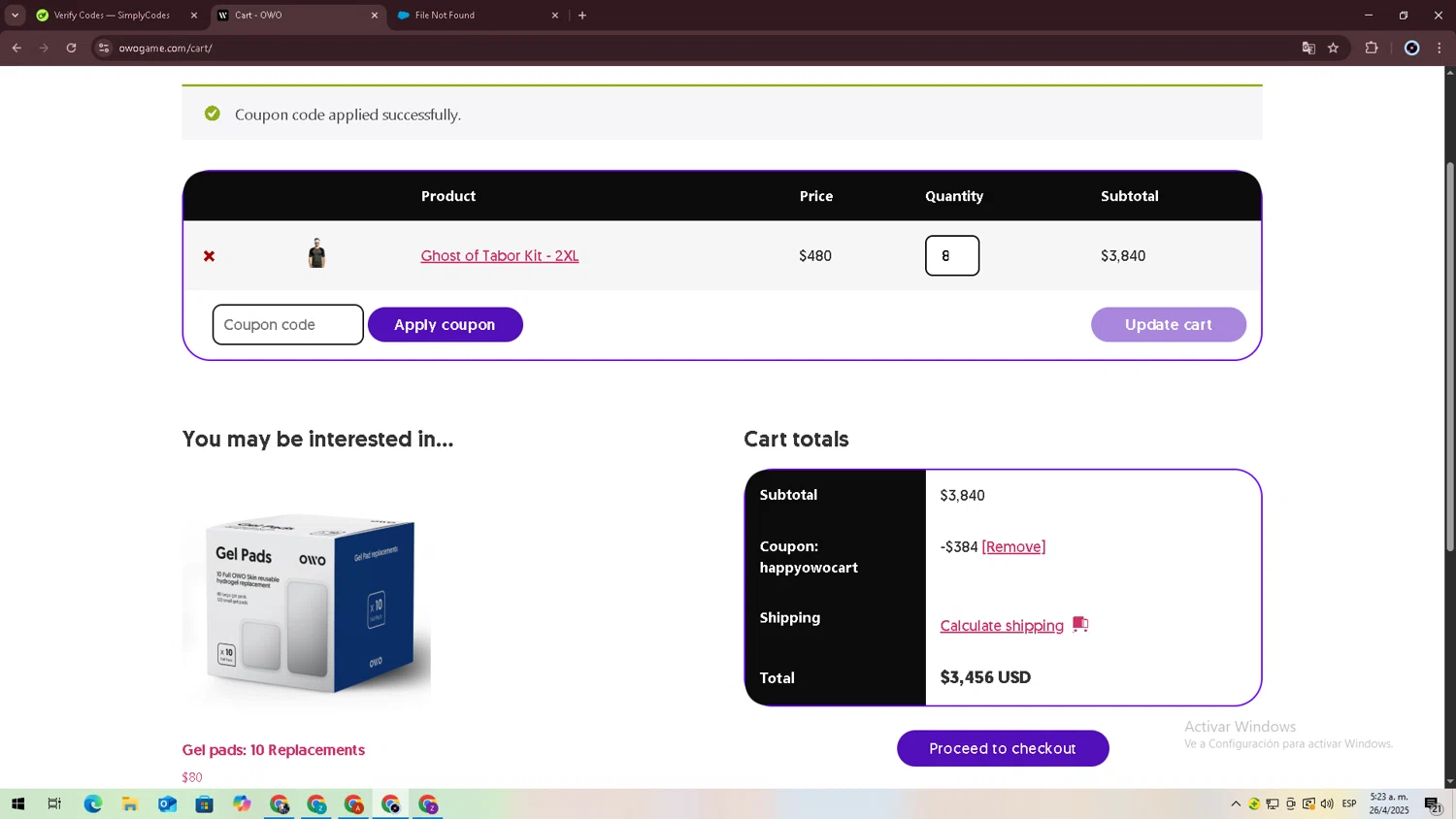 OWO promo code screenshot showing code HAPPYOWOCART applied at OWO checkout page. Uploaded by SimplyCodes community member jessrodrguez2 on Apr 26, 2025