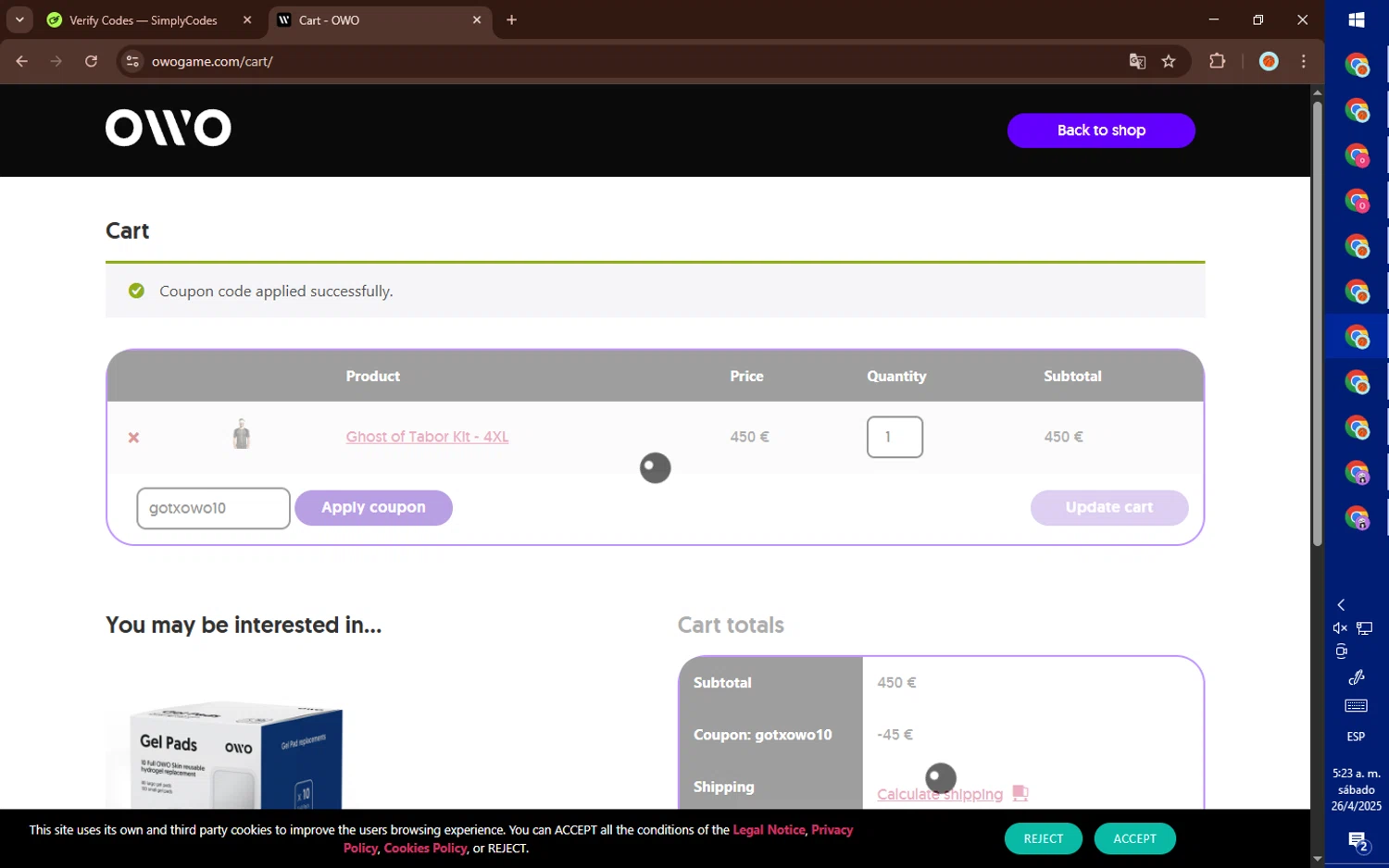 OWO promo code screenshot showing code gotxowo10 applied at OWO checkout page. Uploaded by SimplyCodes community member DealElite4728 on Apr 26, 2025