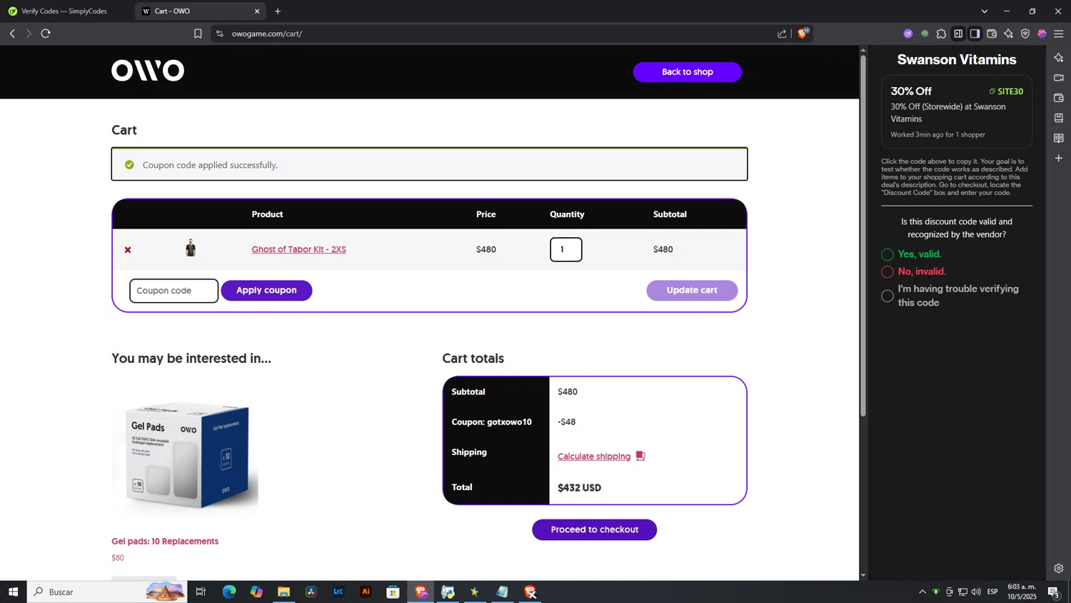 OWO promo code screenshot showing code gotxowo10 applied at OWO checkout page. Uploaded by SimplyCodes community member NobleLegend6162 on May 10, 2025